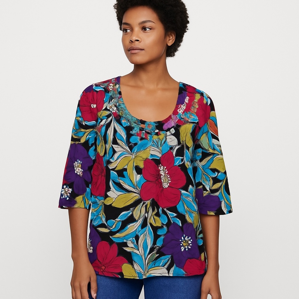 Blissitude Floral Sequin Embellished Cotton 3/4 Sleeve Top Multicolor Small